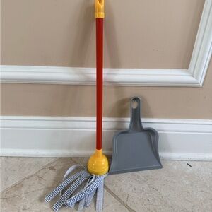 Red and Yellow Toy Mop with Gray Dustpan